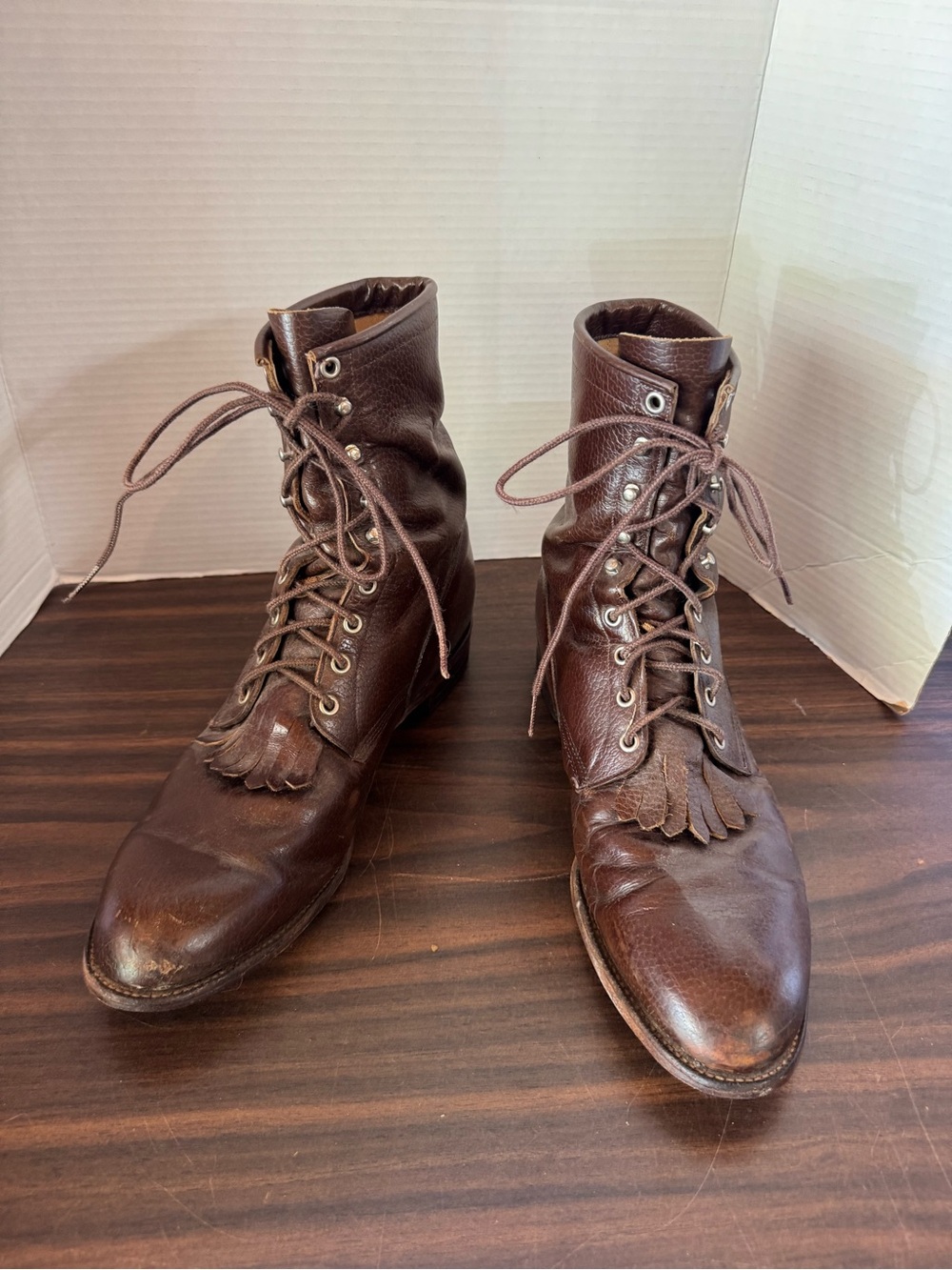 Men’s Justin Boots Brown Leather Lace-up Roper Boots w/Kiltie Fringe Size 13
